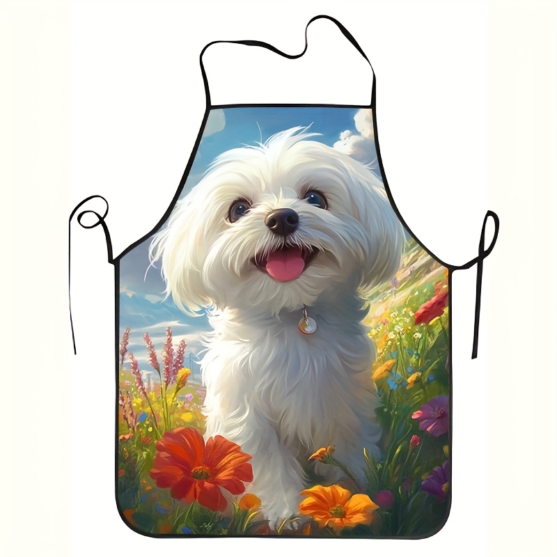 Home Cooking Dog Food - キュートな白いマルチーズ犬柄エプロン1枚 - 丈夫でお手入れが簡単なエプロン、家庭料理やレストランの食品調理に適しています。