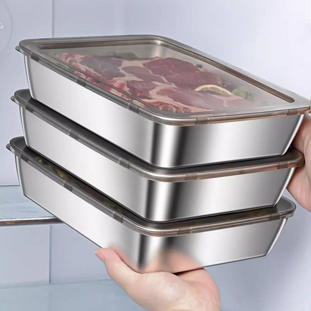 Home Cooking Food - 食品グレードのステンレス製サービングトレイ（蓋付き）、多目的な正方形収納容器、密閉型キッチンフードパン（カバー付き）