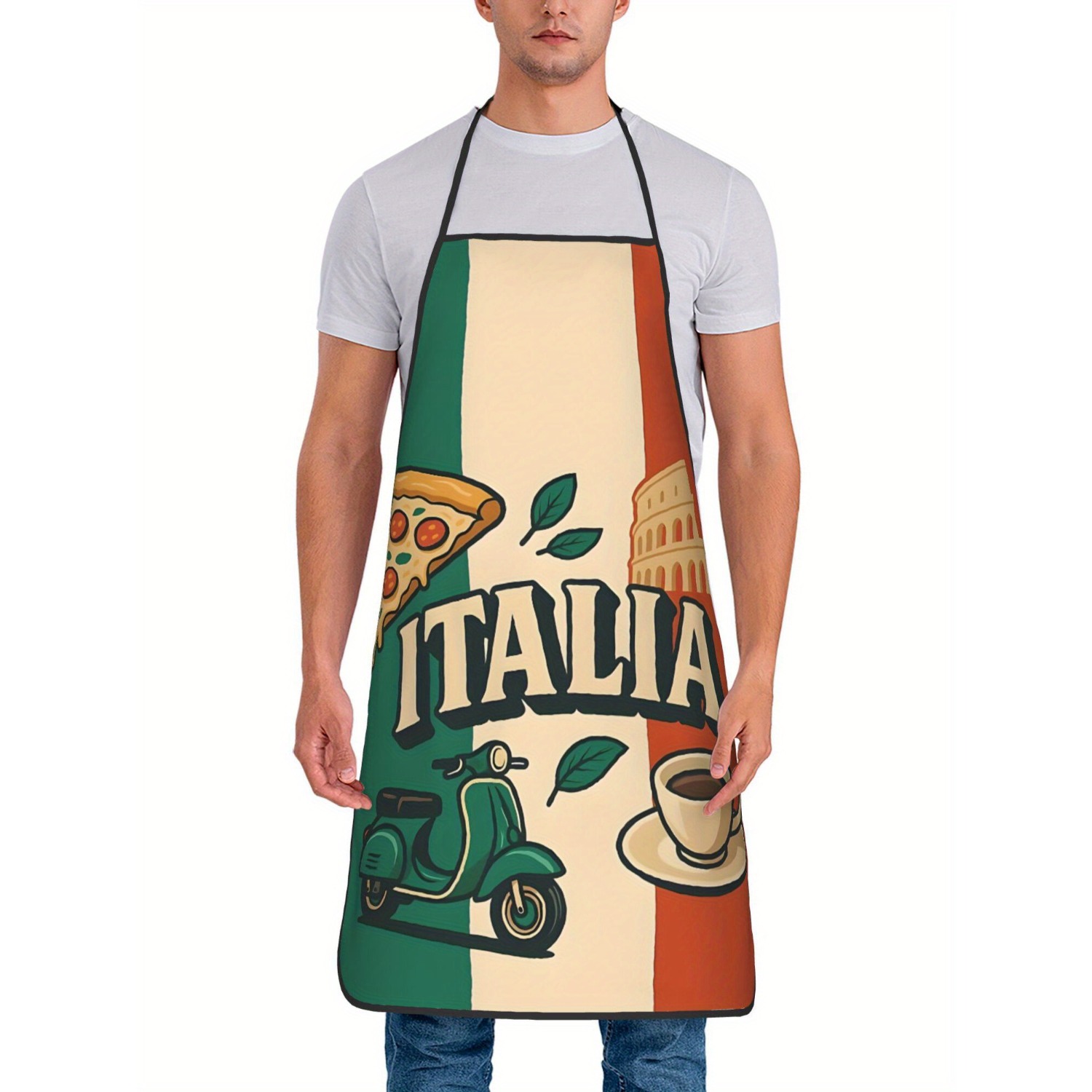 Home Cooking In Italian - レトロなイタリア国旗柄キッチンエプロン ピザ スクーター コーヒー柄 シェフ用クッキングビブ リネン